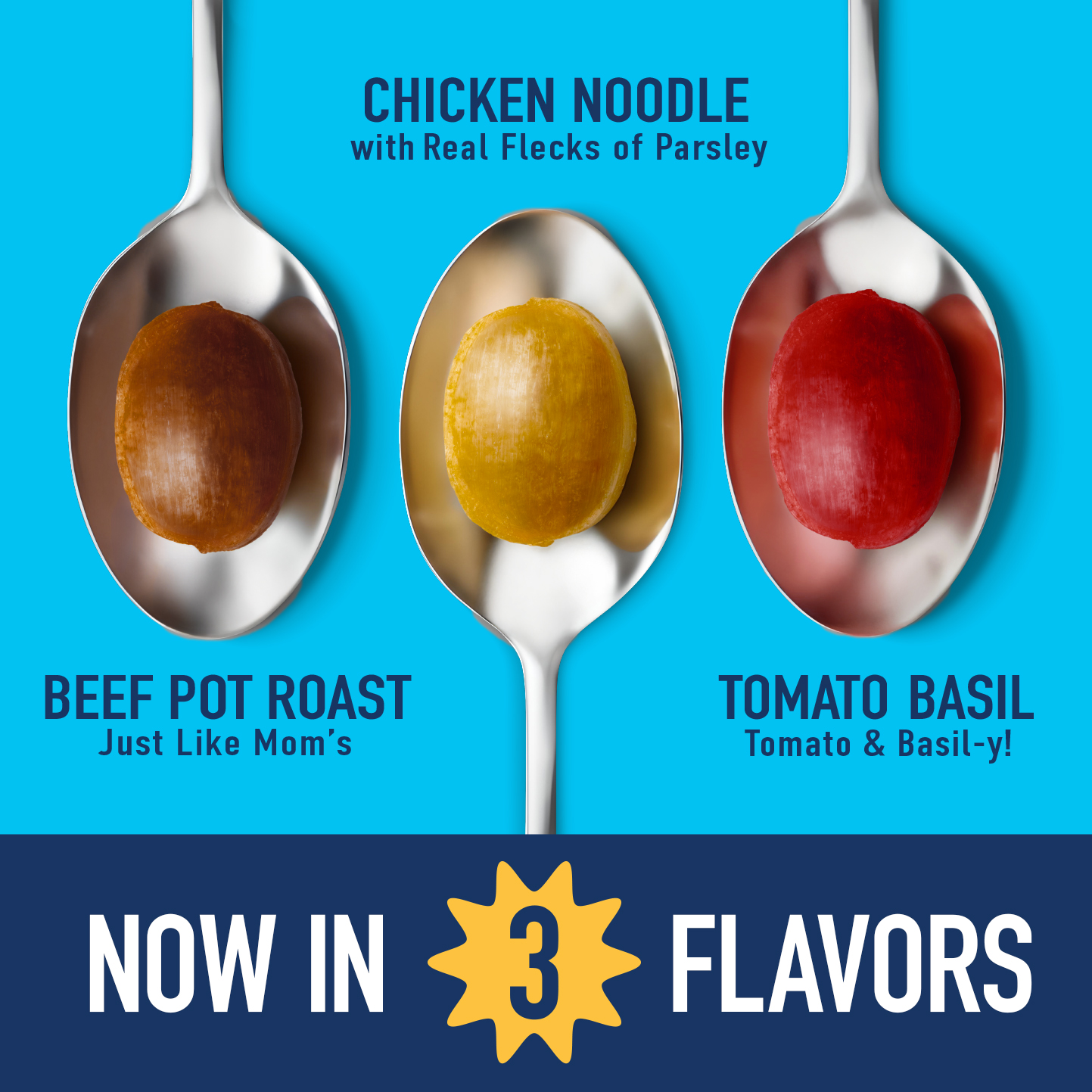 3 spoons with 3 different flavors of soupdrops