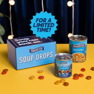 For a limited time. Soup drops packaging with soupdrops can and progresso chicken noodle soup can